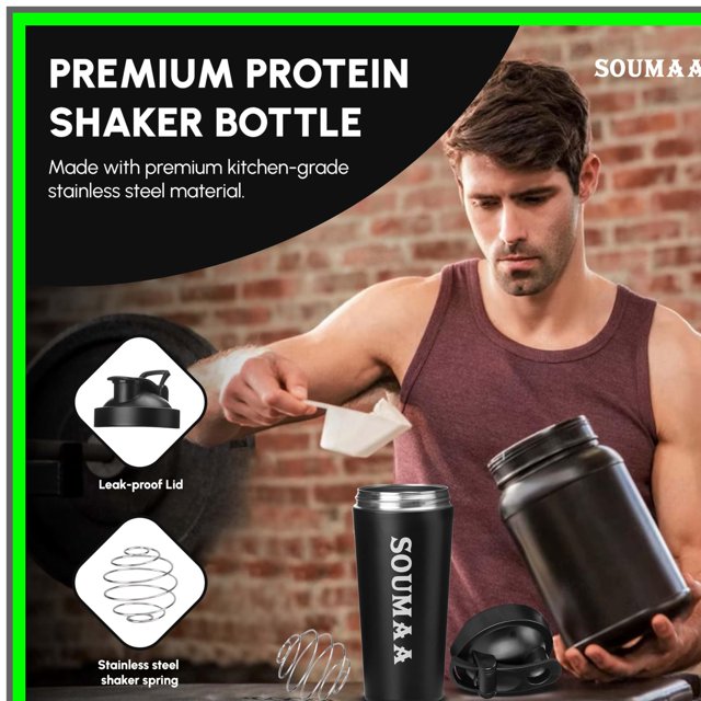 Bouteille Shaker Protéine en Acier Inoxydable Isolée SOUMAA avec Boule de Mélange en Fil - Black / 710 ML