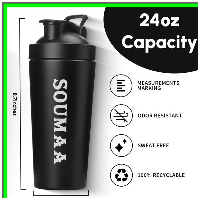 Bouteille Shaker Protéine en Acier Inoxydable Isolée SOUMAA avec Boule de Mélange en Fil - Black / 710 ML