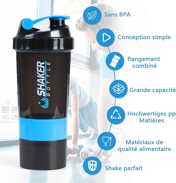 Bouteille Shaker XTKS - Gobelet à protéines avec compartiments de rangement - Blue