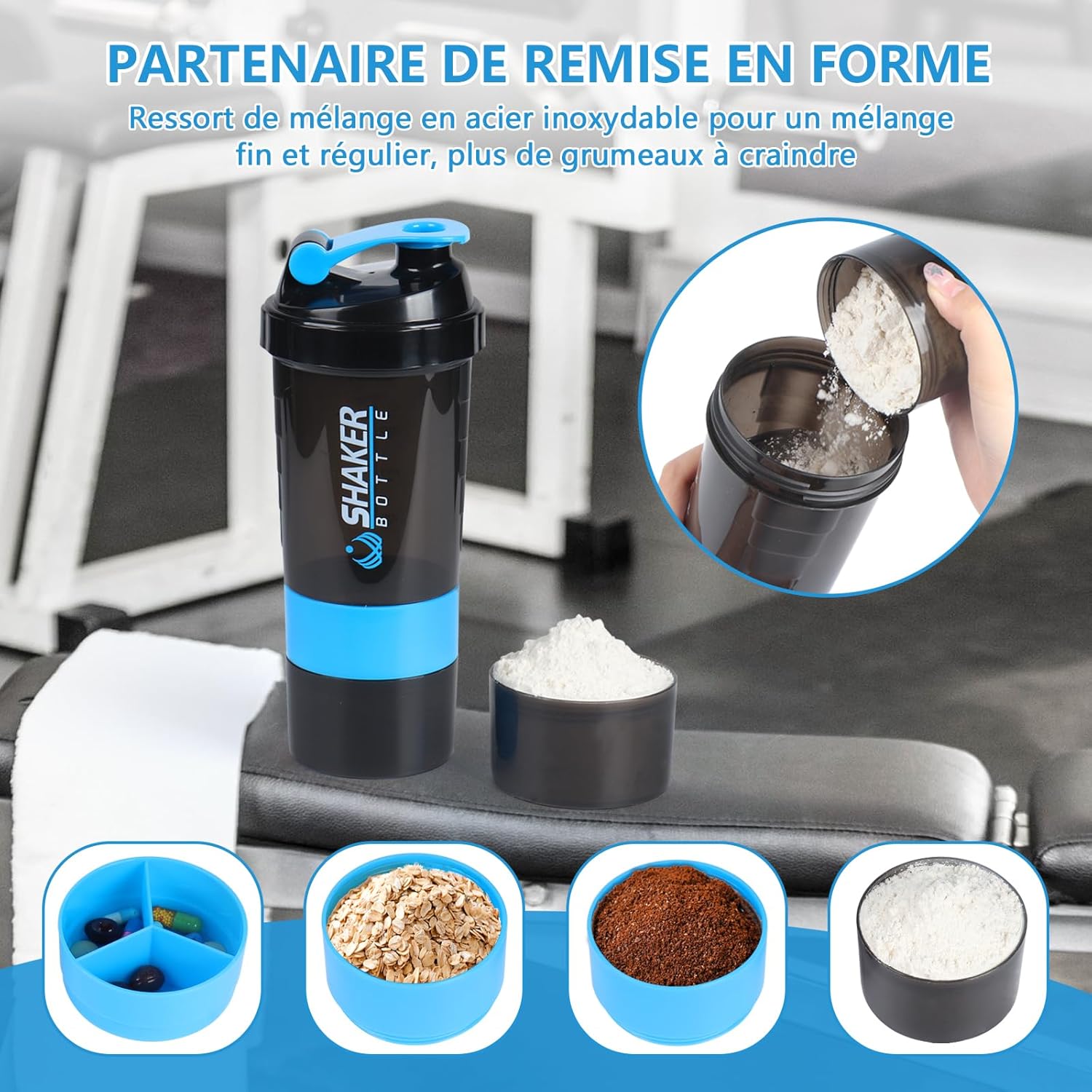 Bouteille Shaker XTKS - Gobelet à protéines avec compartiments de rangement - Blue