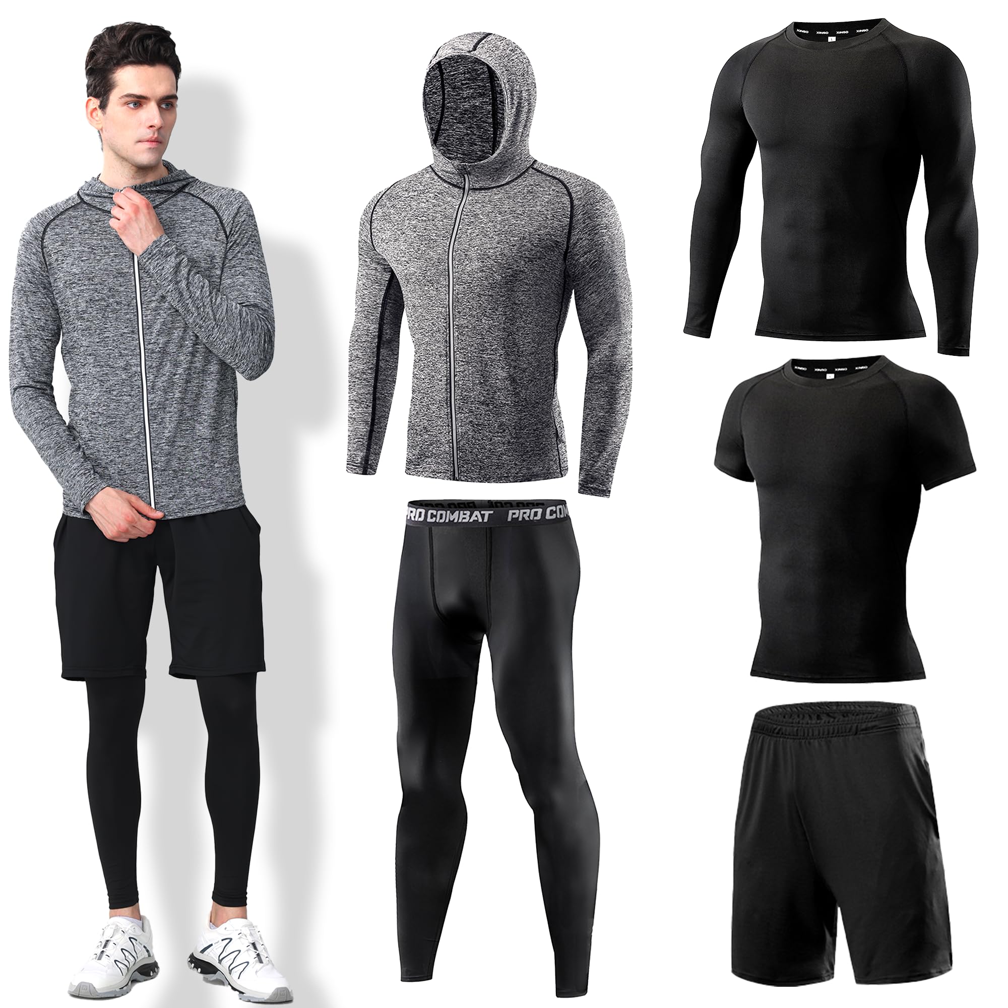 DMVOD Ensemble de Compression 5 Pièces pour Hommes Séchage Rapide pour Sport Gym Course Comprenant T-shirt