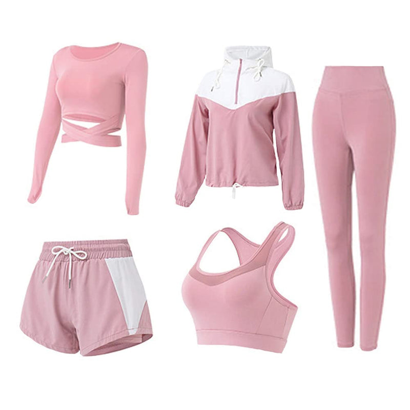 Ensemble Sport Femme 5 Pièces – Tenue Complète Yoga Gym & Running | Rose - Pink / Medium - Vêtements Fitness