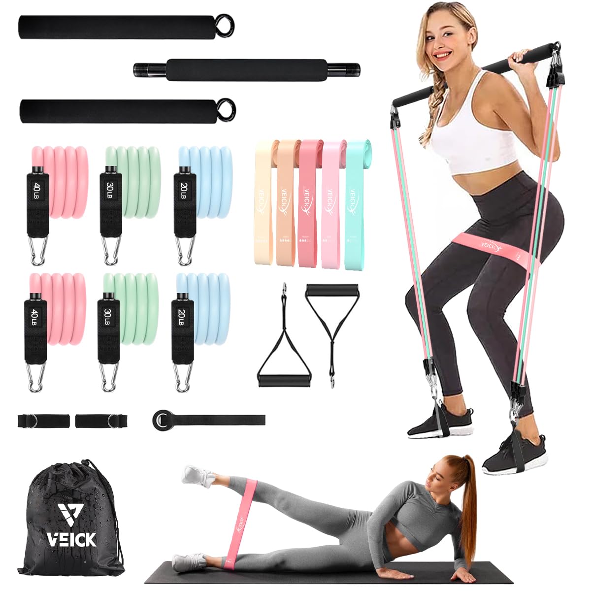 Kit de barre de Pilates VEICK avec bandes de résistance élastiques pour hommes et femmes - Lot de 5 bandes