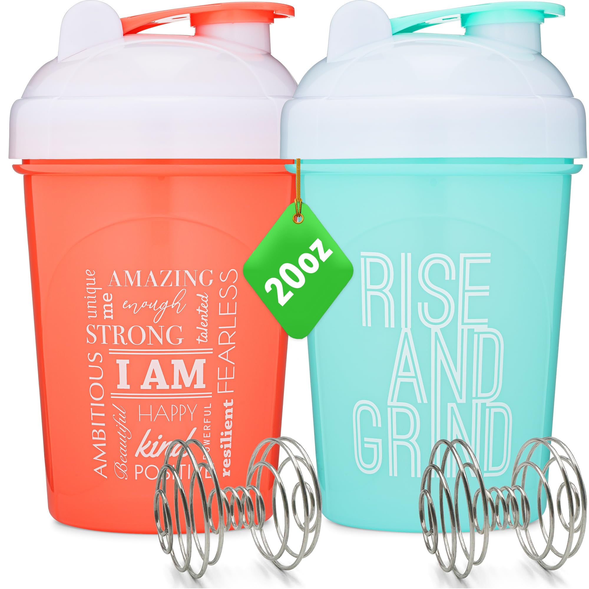 [Lot de 2] Gourde Shaker de 590 ML avec Citations Motivationnelles (Corail & Menthe) - Coral & Mint / 590 ML | 2 Pack